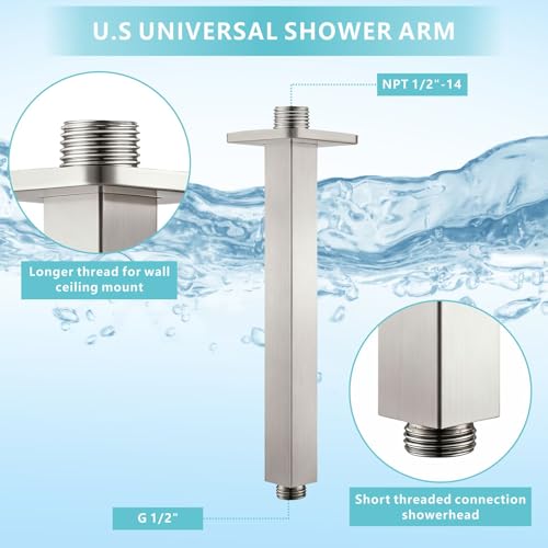 Ceiling Mounted Shower Arm with Flange, Universal Connection 1/2 NPT Straight, Made of Thicken Stainless Steel, Square Extension Arm for Fixed Rain Shower Head(8 Inch,Brushed Nickel) - color: Brushed Nickel, style: 8 Inch