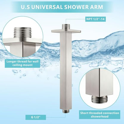 Ceiling Mounted Shower Arm with Flange, Universal Connection 1/2 NPT Straight, Made of Thicken Stainless Steel, Square Extension Arm for Fixed Rain Shower Head(8 Inch,Brushed Nickel) - color: Brushed Nickel, style: 8 Inch