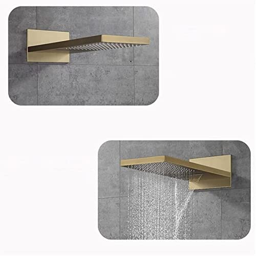 Thermostatic Shower Faucet Set, Stainless Steel Waterfall Rainfall Shower Head with Brass Hand Shower Set, Brushed Gold Shower System Wall Mounted