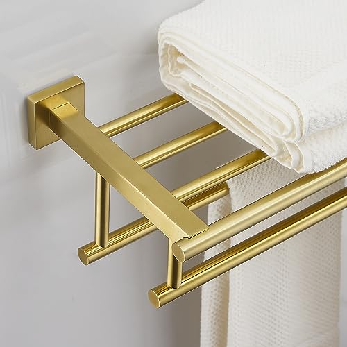 Bathroom Towel Rack 24 Inch Tower Holder with Double Towel Bar Brushed Gold Towel Rack Wall Mounted SUS304 Stainless Steel Hotel Towel Shelf Modern Towel Hanger - color: Brushed Gold, size: 24 Inch/ 60cm