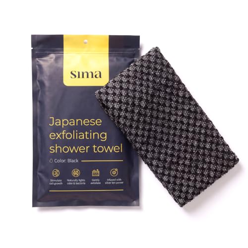 Exfoliating Washcloth Face & Body Scrub Towel - Japanese Exfoliating Towel with Hexagon Fibers, Body Scrubber with 2 Sides for Scrubbing & Washing, Extra Long Body Towels (Black) | Japanese Exfoliating Washcloth with Hexagon Fibers, 2 Sides for Scrubbing
