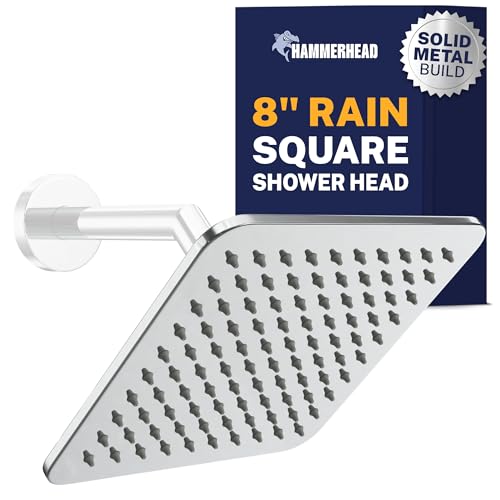HammerHead Showers® SOLID METAL 8 Inch Square Rainfall Shower Head – CHROME - Shower Head Rainfall - 2.5 GPM High Flow Shower Head Optimized for Pressure – Large Square Rain Shower Heads - color: Chrome