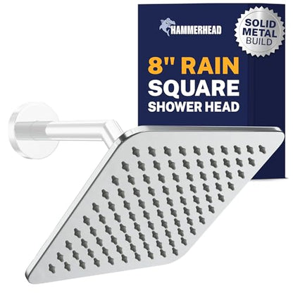 HammerHead Showers® SOLID METAL 8 Inch Square Rainfall Shower Head – CHROME - Shower Head Rainfall - 2.5 GPM High Flow Shower Head Optimized for Pressure – Large Square Rain Shower Heads - color: Chrome