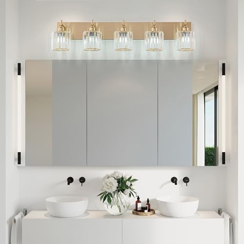 Modern Crystal Bathroom Vanity Lights, Gold 5-Lights Bathroom Light Fixtures Over Mirror, Crystal Wall Lighting with Polished Brass Finish - color: Gold-Round Shade, size: 5-Light