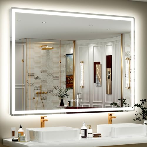 SMIROR 55x40 LED Lighted Bathroom Vanity Mirror with Lights for Wall | Front Lit and Backlit, Rounded-Corner Rectangle, 3 Color, Anti-Fog, Memory, Tempered Glass, UL, Horizontally/ Vertically - color: Frameless, size: 55"L x 40"W