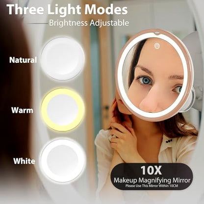 8" Magnifying Mirror with Lights-10x Magnification Makeup Mirror with Suction Cups – Bathroom Shower Mirror – Easy Install – 360 Degree Swivel Joint（Gold）