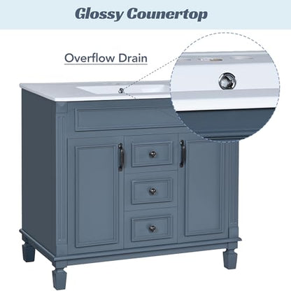 Merax 36" Bathroom Vanity with Sink, 2 Doors & 2 Drawers Storage Cabinet | Freestanding Single Bathroom Sink Vanity Cabinet Set with 36" Ceramic Sink (Sink Cabinet Only, Slate Blue) - color: Blue, style: Sink Cabinet Only