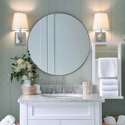 ANDY STAR Round Bathroom Mirror, 24’’ Brushed Silver Round Bathroom Mirrors in Stainless Steel Metal Frame 1" Deep Set Design | Rust-Proof Stainless Steel Thin Frame, Shatterproof HD Glass, 9mm MDF Backboard, Ideal for Living Room, Bedroom, Entryway - col