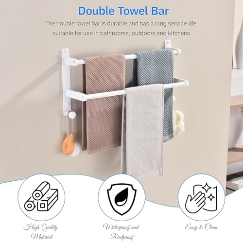 18-Inch Double Towel Rack with Hooks - Space Saving Towel Bar for Bathroom, Stainless Steel Towel Holder, White Finished - color: White, size: 18-Inch