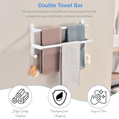 18-Inch Double Towel Rack with Hooks - Space Saving Towel Bar for Bathroom, Stainless Steel Towel Holder, White Finished - color: White, size: 18-Inch