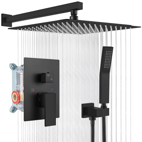 gotonovo Rainfall Bathroom Shower System Rain Shower Head and Handle Set Wall Mounted Shower Complete Combo Solid Brass Pressure Balancing Shower Mixer Valve 16 Inch Matte Black - color: Matte Black, size: 16 Inch