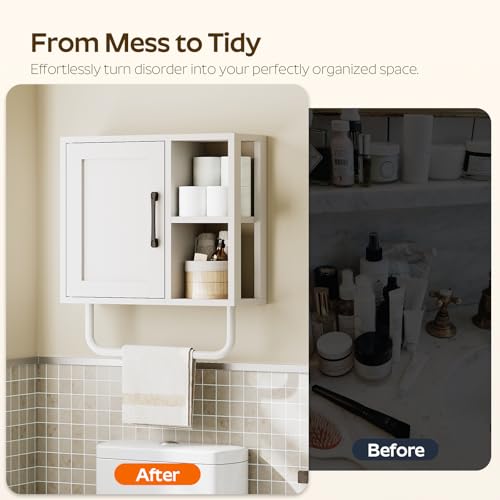 Medicine Cabinet, Bathroom Wall Cabinet with Towel Bar, Over The Toilet Storage Cabinet with Adjustable Shelf and Open Partition, for Bathroom, Laundry Room, Living Room, Kitchen, White - color: White