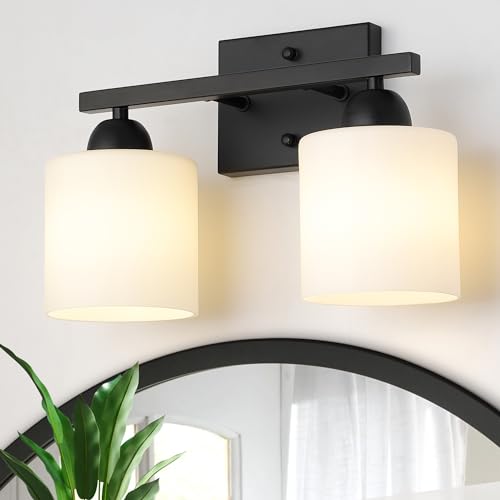 Mecgirn Milk Glass Vanity Lights for Bathroom, 2 Light Matte Black Bathroom Light Fixtures Over Mirror, Ceramic E26 Sockets Wall Mounted - color: Matte Black, size: 2 Light