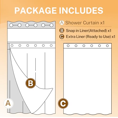 River Dream No Hooks Shower Curtain with 2 Snap in Liner, Navy, 71Wx74H | Waffle Weave, 1 Attached Snap in Liner and 1 Extra Replacement Liner, Bathroom Curtains Shower Set, Hotel Grade, Spa Like - color: Navy Blue