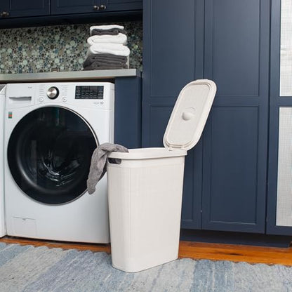 Mind Reader Slim Laundry Hamper with Lid, 40L Clothes Basket, Linen Design, Plastic, Ivory - color: Ivory