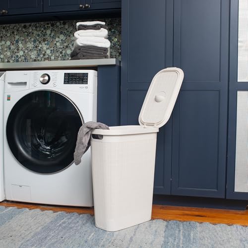 Mind Reader Slim Laundry Hamper with Lid, 40L Clothes Basket, Linen Design, Plastic, White - color: White
