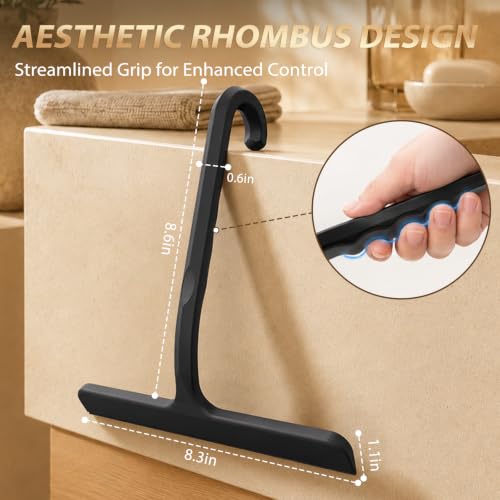 Silicone Shower Squeegee with Hanging Hook for Glass Door & Window, Black | One-Piece Seamless Design for Easy Maintenance; Streak-Free Scraper for Mirrors, Tiles, Countertops & Car Windshields