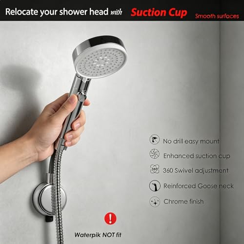 Suction Cup Handheld Shower Head Holder - 360 Swivel Adjustable Metal Neck - Wall Mounted Shower Wand Holder ，Chrome