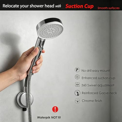 Suction Cup Handheld Shower Head Holder - 360 Swivel Adjustable Metal Neck - Wall Mounted Shower Wand Holder ，Chrome