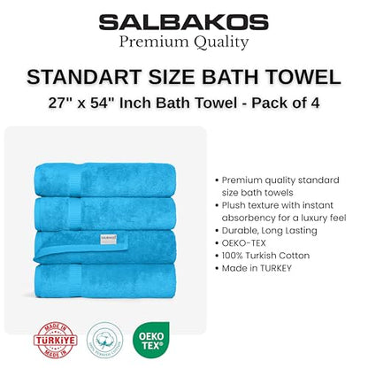 SALBAKOS 4-Piece 100% Turkish Cotton Bath Towels, 27x54 inch, Aqua | Standard Size, 630 Gsm Thick Super Soft Highly Absorbent Quick-Dry Bathroom Towel, Premium Hotel & Spa Quality Made in Turkey - color: Aqua, size: 4 Bath Towels