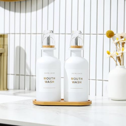 11.8OZ Mouthwash Dispenser, Set of 2, White | Bamboo & Stainless Steel Pour Spout, Mouthwash Cups Reusable, Bamboo Tray, Elegant Gold Label - color: White/350*2