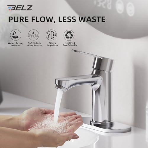 BELZ Chrome Bathroom Faucet, Lead-Free for 1 or 3 Hole 4" Vanity Sink | NSF372 Compliant,Anti-peeling PVD Finish,Includes Pop-up Drain & Hoses,Single Handle Modern Design, Easy DIY Install - color: Polished Chrome