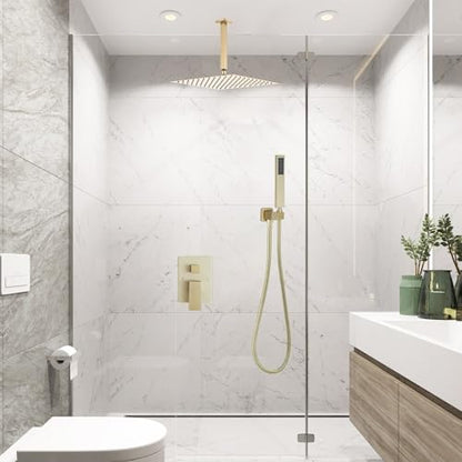 ‎Brushed Gold Shower System Bathroom 12 Inch Rain Shower Head Ceiling Mount with Handheld Luxury High Pressure Shower Combo Set Shower Faucet Rough-in Valve Body and Trim Kit - color: Brushed Gold, size: 12 Inch