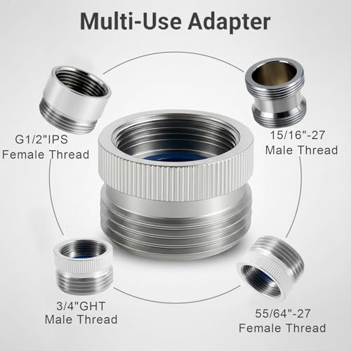 Faucet Adapter with Aerator, Sink Faucet to Garden Hose Connector | Chrome Brass Fits G1/2" Female, 55/64" Female, and 15/16" Male, Connects to 3/4" GHT Garden Hose, with Washers and PTFE Tape