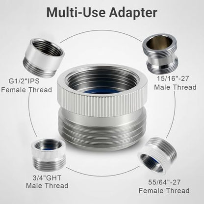 Faucet Adapter with Aerator, Sink Faucet to Garden Hose Connector | Chrome Brass Fits G1/2" Female, 55/64" Female, and 15/16" Male, Connects to 3/4" GHT Garden Hose, with Washers and PTFE Tape