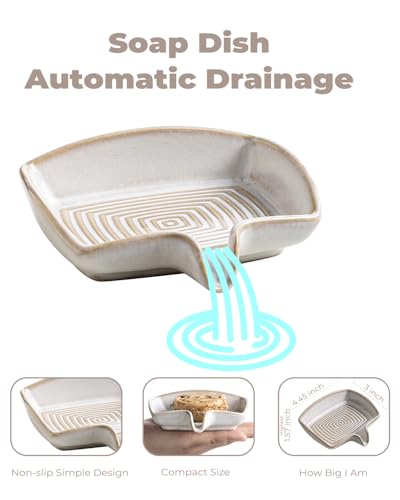 Zoeeker Self Draining Soap Dish, Ceramic Soap Holder with Waterfall Design | Shower Bar Soap Holder with Drainage Soap Saver for Shower, Bathroom, Sink, Kitchen and Countertop, Keep Dry, Beige White - color: Beige White, size: Rectangular