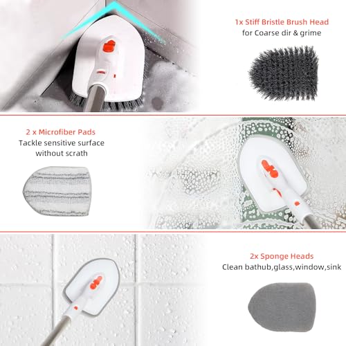 Bathtub Cleaning Brush Long Handle, Shower Bathroom Cleaner Brush Scrubber | 3 Different Detachable Scrub Brush Replacement Head for Scrubing Bathroom Floors, Tubs, Tiles, Kitchen Walls