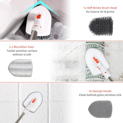Bathtub Cleaning Brush Long Handle, Shower Bathroom Cleaner Brush Scrubber | 3 Different Detachable Scrub Brush Replacement Head for Scrubing Bathroom Floors, Tubs, Tiles, Kitchen Walls