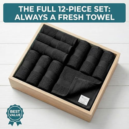 Sofea 100% Cotton Washcloths Set of 12, (12 x 12 Inch) 520 GSM Wash Cloths, Extra Soft Absorbent Quick Dry Face Towels - color: Black