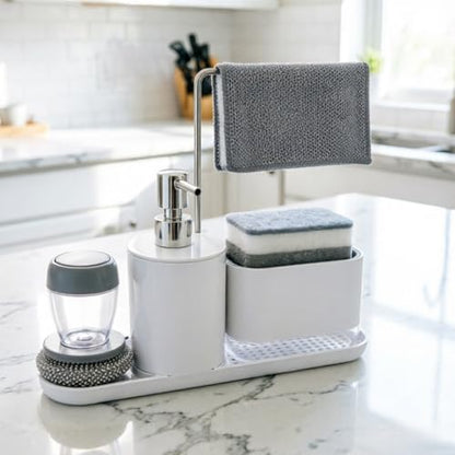 4-Piece Kitchen Sink Caddy with Soap Dispenser – Sponge Holder & Scrubber Brush, Removable Drain Tray, Dishcloth Bar, All-in-One Countertop Organizer for Kitchen & Bathroom – White