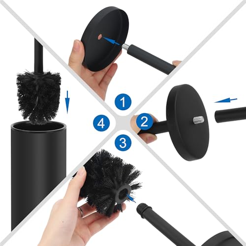 Heavy Duty Stainless Steel Toilet Brush Set with Holder(2 Brush Heads) – Rustproof Toilet Bowl Brush, Compact Cylinder Base, Extra Long Handle for Deep Cleaning, Black - color: Black