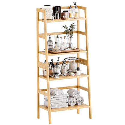 HITNET Ladder Shelf, 4-Tier Bookshelf, Bamboo Leaning Bookcase, Display Storage Rack Organizer, Freestanding Flower Plant Stand for Living Room, Home Office, Kitchen, Natural - color: Natural