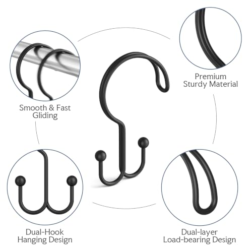 Bathway Black Shower Curtain Hooks Ring, 24 Pcs Double Sided Shower Hooks, Rust Proof Metal Shower Hooks for Bathroom, Anti-Drop Shower Rings for Shower Curtain & Liners - color: Black-24pack, style: Double-layer Shower Hooks