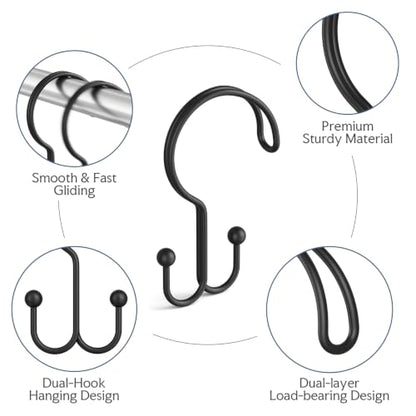 Bathway Black Shower Curtain Hooks Ring, 24 Pcs Double Sided Shower Hooks, Rust Proof Metal Shower Hooks for Bathroom, Anti-Drop Shower Rings for Shower Curtain & Liners - color: Black-24pack, style: Double-layer Shower Hooks