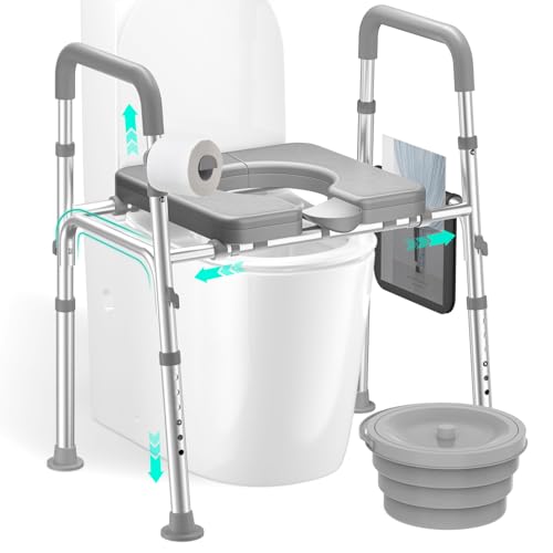 HOMEAL Seat Riser for Seniors with Bucket, Adjustable Raised Toilet Seat with Handles, Supports 450LBS, Heavy-Duty 3in1 Bedside Commode Chair for Any Toilet, Shower & Bedside (Grey, with Bucket) - size: With Commode