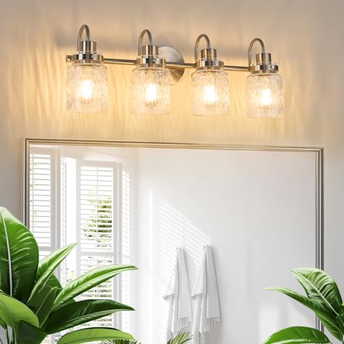 4 Lights Bathroom Vanity Light, Brushed Nickel Bathroom Light Fixtures with Hammered Glass Lampshade for Dressing Table,Over Mirror,Hallway - color: Brushed Nickel, size: 4 Lights