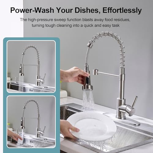 Kitchen Faucets with Pull Down Sprayer and Soap Dispenser, Brushed Nickel Stainless Steel Single Pull Out Spring Sink Faucet, 3 Function Sprayer 1 or 3 Hole Deck Plate for Farmhouse Rv Bar - color: Brushed Nickel, style: Classic(with Soap Dispenser)
