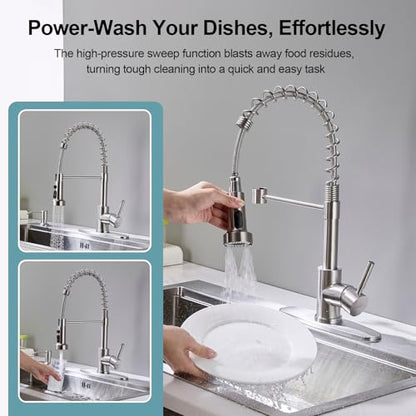 Kitchen Faucets with Pull Down Sprayer and Soap Dispenser, Brushed Nickel Stainless Steel Single Pull Out Spring Sink Faucet, 3 Function Sprayer 1 or 3 Hole Deck Plate for Farmhouse Rv Bar - color: Brushed Nickel, style: Classic(with Soap Dispenser)