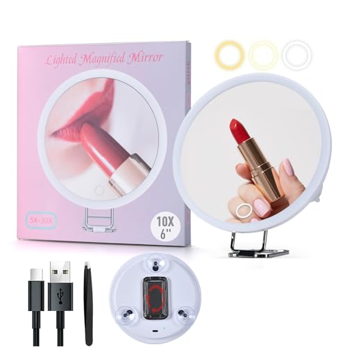 6" 10x Magnifying Mirror with Light Suction Cup,Led Close up Makeup Mirror with 360° Stand,3 Color Lighted Personal Mirror 10x,10 Times Functional Zoom Mirrors for Partial Details - color: White--10x