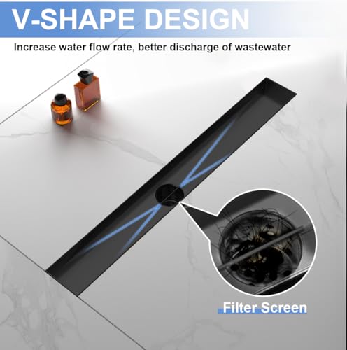24 Inch Linear Shower Drain-Matte Black, with Tile Insert Grate | AISI 304 Stainless Steel Shower Drain, Rectangle Shower Floor Drain with Leveling Feet, Fits Bathroom & Balcony etc - color: Matte Black, size: 24 Inch