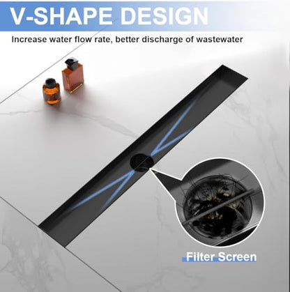 24 Inch Linear Shower Drain-Matte Black, with Tile Insert Grate | AISI 304 Stainless Steel Shower Drain, Rectangle Shower Floor Drain with Leveling Feet, Fits Bathroom & Balcony etc - color: Matte Black, size: 24 Inch