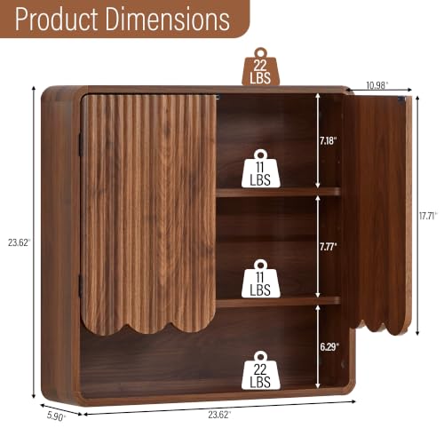 Fluted Bathroom Wall Cabinet, Wooden Bathroom Organizers, Scalloped Over The Toilet Storage Cabinet with Adjustable Shelf, Medicine Cabinets Wall Mounted for Bathroom, Laundry Room(Walnut) - color: Walnut