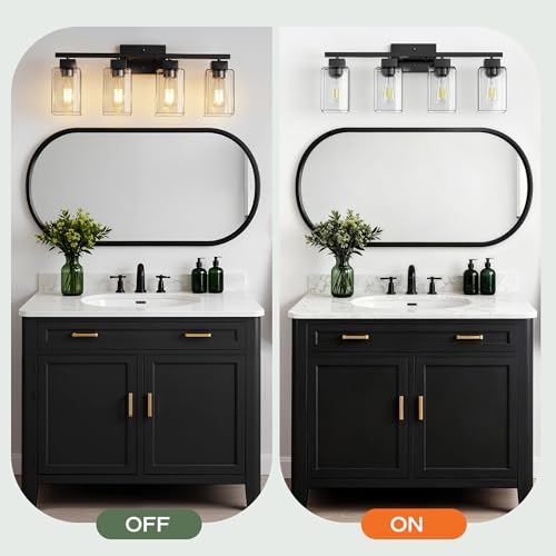4-Light Bathroom Light Fixtures, Matte Black Modern Vanity Lights, Bathroom Lighting Fixtures Over Mirror, Square Design Farmhouse Wall Sconces with Clear Glass Shades - color: Matte Black, size: 4-Light