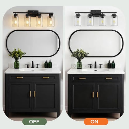 4-Light Bathroom Light Fixtures, Matte Black Modern Vanity Lights, Bathroom Lighting Fixtures Over Mirror, Square Design Farmhouse Wall Sconces with Clear Glass Shades - color: Matte Black, size: 4-Light