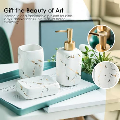 Marble Bathroom Accessories Set, 5 Pieces Ceramic Bathroom Accessories Set with Bathroom Soap and Toothbrush Holder Set Soap Dispenser, 2 Mouthwash Cups, Modern Bathroom Accessory Set