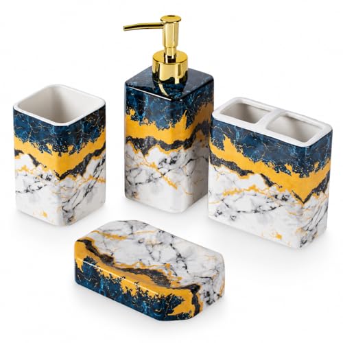 4 Piece Bathroom Accessories Set - Blue Bathroom Accessory Sets Includes Lotion Dispenser, Toothbrush Holder Tumbler, and Soap Dish - Glossy Finish (Marble, Blue) - color: Blue